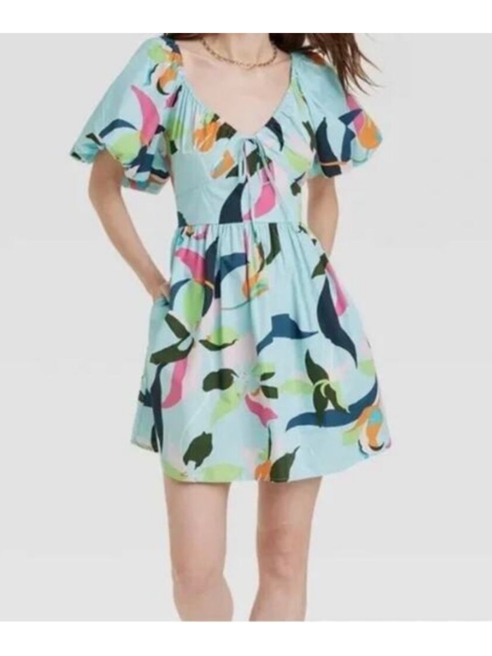 a new day Light Blue Floral-Print Flutter Sleeve Mini Dress Large